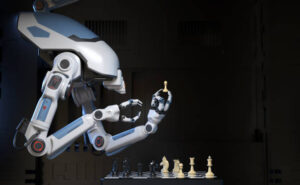 Sci-Fi Industrial robot playing a game of chess with itself. 3D illustration